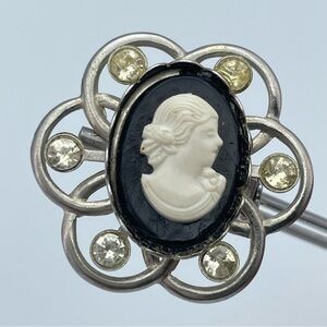 Vintage Cameo Brooch Silver Tone Rhinestone Accents Victorian Style